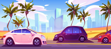 Car on desert road vector background. Highway with city skyline and palm tree perspective view. Vehicle drive to Las Vegas on asphalt traffic way and sand nature landscape horizontal illustration.のイラスト素材