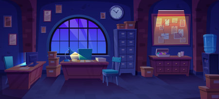Night police office station interior room. Dark inside bureau cartoon background with lamp and computer light ray. Law security agency cabinet with window for investigator workplace with tableのイラスト素材