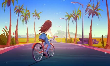 Cartoon young woman riding bicycle on highway with street lamps and palm trees on sides. Vector illustration of active person enjoying summer day travel, heading for rocky hills. Healthy lifestyleのイラスト素材