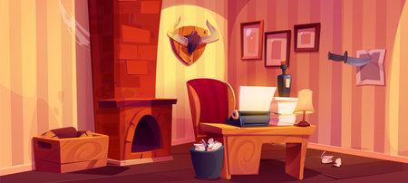 Typewriter on desk in author vintage office cartoon vector background. Writer room with bottle and paper stack on table. Cobweb in wooden interior with type machine, fireplace, horns and knife in wallのイラスト素材