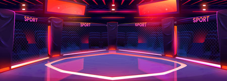 Mma ring for boxing background. Octagon fight arena stage vector design. Ultimate game sport cage stadium illustration with neon red light at night. Professional equipment with show illuminationのイラスト素材