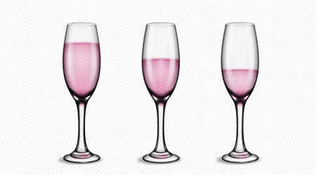Flute glass with rose pink bubble wine isolated vector on transparent background. Realistic wedding party sparkling prosecco wineglass toast. Luxury goblet with stem grape drink illustration designのイラスト素材
