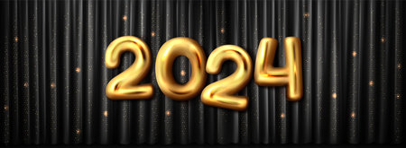 2024 gold new year 3d vector background design. Golden luxury chrome typography number on elegant silk drapery fabric. Realistic glitter splatter on glossy fold fabric with exclusive typeface headerのイラスト素材