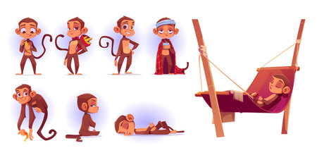 Cartoon set of cute monkeys isolated on white background. Vector illustration of funny animal character eating banana, smiling, lying on branch, suffering headache, sleeping in hammock, sitting angryのイラスト素材