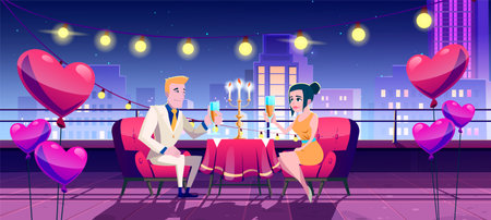 Romantic dinner date at night on city roof terrace cartoon illustration. Couple dining on balcony table with celebration and balloon decoration for marriage proposal or anniversary celebrationのイラスト素材