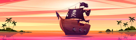 Pirate ship near sea island beach sunset cartoon vector background. Orange evening sky, ocean landscape with green palm tree. Tropical lagoon shore skyline and wooden boat with black skull flag.のイラスト素材