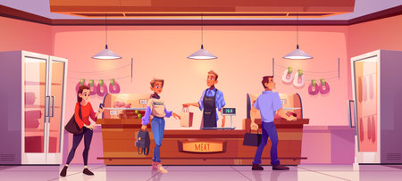 Meat shop keeper vector illustration. Cartoon supermarket farmer beef section with people stand in queue to butcher salesman. Small butchery store interior aisle with chicken and sausage to buyのイラスト素材