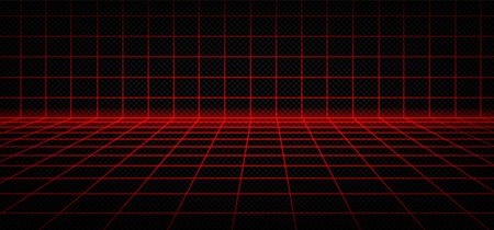 Red laser grid cyber newretrowave 3d background. Neon digital room with vaporwave and square cell...