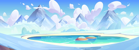 Winter mountain landscape with frozen lake. Vector cartoon illustration of blue ice on water surface, snow on rocky peaks, fluffy white clouds in sky. Scenic north pole view. Travel banner backgroundのイラスト素材