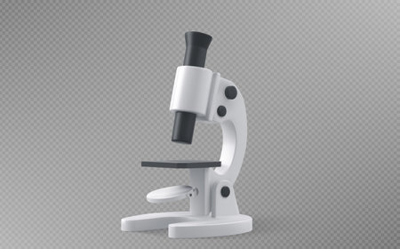 3d medical laboratory science microscope icon isolated vector illustration. White realistic lab test and education chemistry experiment equipment. Render of scientific object with magnification lensのイラスト素材