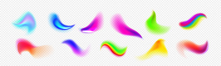 Realistic set of multicolored gradient brush strokes isolated on transparent background. Abstract colorful spots, holographic fluid paint effect, chameleon design palette, blurry rainbow ink splashesのイラスト素材