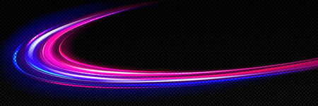 Abstract high speed light effect isolated on transparent background. Vector illustration of curved blue and pink color beams. Urban traffic, futuristic communication technology, internet connectionのイラスト素材