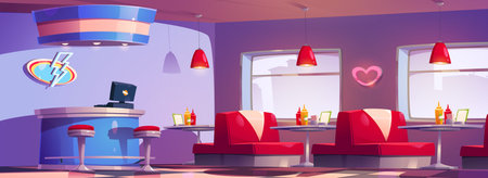 American retro diner interior with furniture. Vector cartoon illustration of traditional fast food restaurant with cashdesk, red sofas, mustard and ketchup bottles on tables, neon led decor on wallのイラスト素材