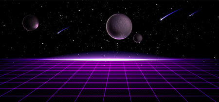 Futuristic retro landscape of the 80s. Vector futuristic illustration of sun with mountains in retro...