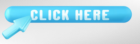 Realistic click here button with 3D cursor arrow isolated on transparent background. Vector illustration of website, computer application, online shop, design element to buy, register, order onlineのイラスト素材