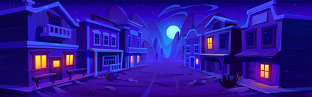 Night wild west city street with old wooden houses. Vector illustration of road running between saloon, hotel, sheriff office, shop buildings, full moon shining in dark sky. Adventure game backgroundのイラスト素材