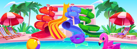 Aqua park with water slide summer vector cartoon illustration. Swimming pool in waterpark for family amusement. Inflatable lifebuoy and plastic screw pipeline outdoor entertainment near palm treeのイラスト素材
