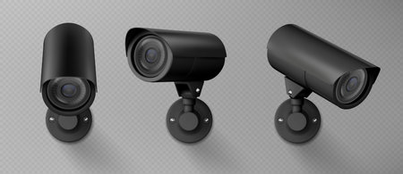 3d security camera, cctv cam isolated on transparent background. Safety watching system, video...