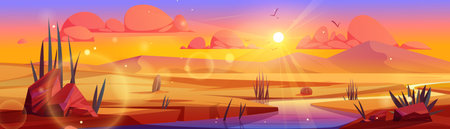 River flowing through Sahara desert. Vector cartoon illustration of sandy dunes landscape at sunset, stones on bank, green cacti plants growing near water, sunlight flaring in air, birds flying in skyのイラスト素材