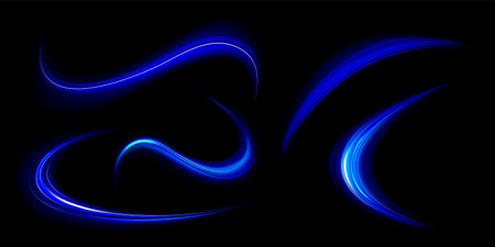Neon light lines and swirls, speed motion glow effect. Abstract energy flare trails at night. Magic blue flashes, bright shiny spiral streaks isolated on black background, vector realistic setのイラスト素材
