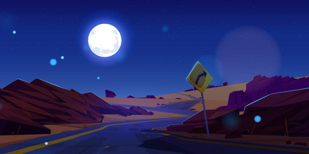 Curve desert road night landscape vector background with turn sign. West arizona sand scene with empty canyon highway. Dark rock valley direction in american wilderness route roadtrip scenery.のイラスト素材