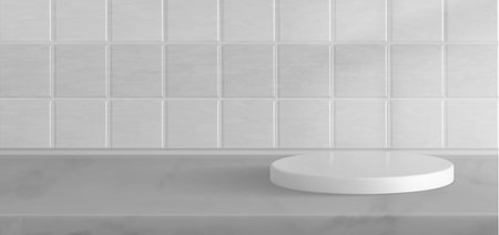 3d white kitchen tile podium platform background. Perspective product display studio with pedestal scene and shadow. Abstract realistic clean bath room ceramic showcase for presentation and mockupのイラスト素材