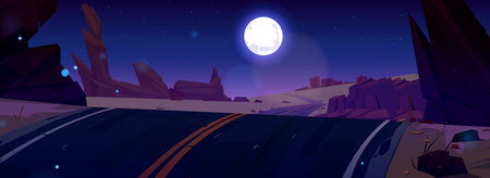 Desert road night landscape vector cartoon background illustration. West arizona canyon scene with rock near highway in sand valley. Africa dry nature scenery with boulder formation, hill roadtripのイラスト素材