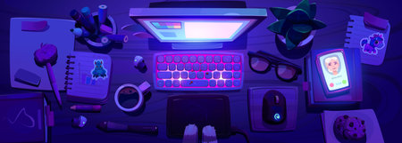 Top view of freelance designers workplace at night. Vector cartoon illustration of desktop computer, drawing tablet and stylus, smartphone, eyeglasses, pencils, notebook, coffee and cookies on tableのイラスト素材
