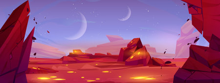 Alien space planet cartoon landscape background. Mars desert game cartoon vector illustration with rock, red ground and moon in sky. Futuristic martian surface outer cosmos scene with glow sceneryのイラスト素材