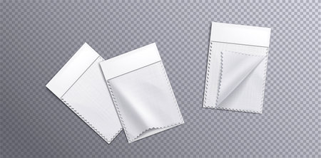 Realistic fabric piece swatch sample mockup vector template with zigzag. Isolated tailor fold textile label on notepad icon set. 3d sewing material with linen canvas texture for palette presentationのイラスト素材
