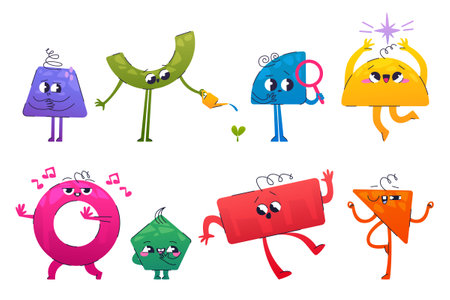 Set of geometric figure characters with different emotions. Flat vector illustration of rectangle, triangle, circle, trapeze, pentagon mascots with doodle elements singing, dancing, happy, sadのイラスト素材