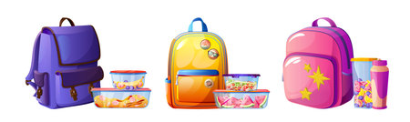 Plastic lunch food container for school backpack vector isolated illustration. Salat and vegetable storage icon clipart, spaghetti and fruit takeaway packaging cartoon set. Prepared meal for kidのイラスト素材