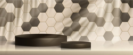 3d kitchen background with display product podium scene. Hexagon tile wall in studio with empty circle platform. Minimal leaves gobo light from window realistic bathroom showroom presentation mockupのイラスト素材