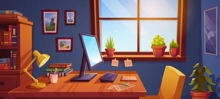Window home office workspace desk vector. Modern table workplace furniture in flat interior design. Desktop computer, chair, flowers, lamp and book shelf indoor wall cabinet studio illustration scene.のイラスト素材