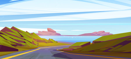 Cartoon road to ocean coastal vector illustration. Sky and asphalt highway to sea trop on sunny vacation scene. Empty seascape with boulder and rock nature environment. Serpentine roadway backgroundのイラスト素材