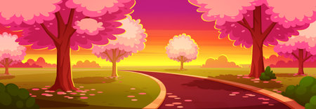 Sakura blossom park road spring sunset illustration. Cherry tree flower cartoon vector nature landscape background with evening sky and meadow. Oriental japanese village environment with lying petalsのイラスト素材