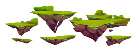Floating islands, flying land pieces with grass for game landscape. Fantasy flying rocks with green lawns and bushes isolated on white background, vector cartoon setのイラスト素材