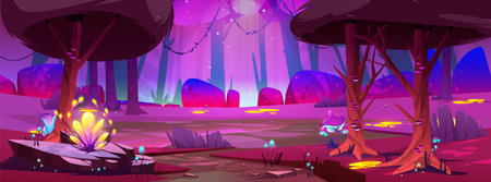 Pink fantasy magic forest cartoon background illustration. Night fairytale jungle nature scenery landscape with purple garden. Summer magical flower with fantastic glowing puddle in woodland park.のイラスト素材