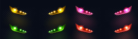 Realistic color led car light flare vector effect. Front headlight glare shine in yellow, red, green and pink. Auto lamp round blink transparent technology illustration. Isolated neon vehicle rayのイラスト素材