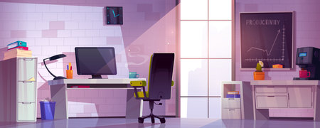Vector office interior room with modern desk cartoon furniture illustration. Workplace on table with computer, mug, coffee machine and bin near drawers. Light ray from window in cabinet indoor sceneのイラスト素材
