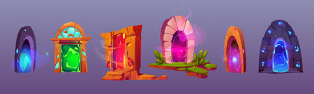 Fairy magic portal cartoon game vector set. Fantasy teleport door to parallel dimension. Wizard doorway kit with vortex energy aura for fantastic adventure illustration. Neon light in hole with steamのイラスト素材