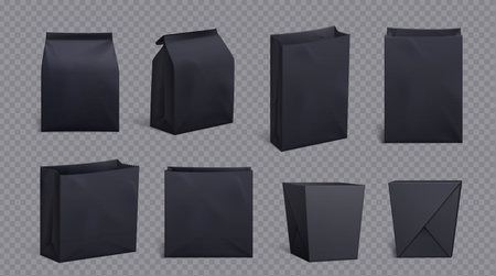 Realistic set of black paper bag and box isolated on transparent background. Vector illustration of open and closed craft package mockup for takeaway food, lunch, snack packaging, meal containerのイラスト素材