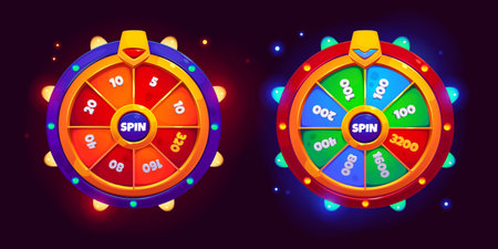 Ui game lucky wheel fortune spin for win prize vector design. Free gift turn fortuna and luck. Blue mobile lottery with sparkle and twinkle glow collection. Vegas leisure jackpot element to play setのイラスト素材