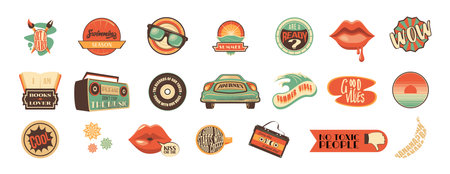 Groovy summer vibe sticker pack isolated on white background. Vector illustration of retro style patches with car, tape recorder, lips, vinyl plate, wave, sun, coffee cup and funny text. Trendy artのイラスト素材