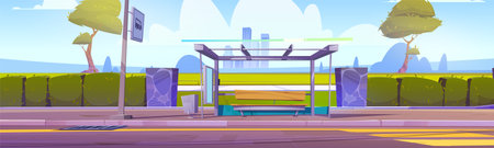 Bus stop station on city road background near sign. Public transport construction on street with bench and glass. Transportation highway near park crosswalk and cityscape view cartoon summer concept.のイラスト素材