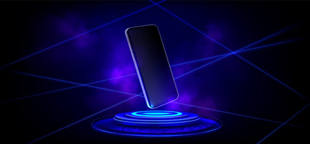 3d neon light futuristic podium for mobile phone. Laser effect technology pedestal mockup for product. smartphone screen winner template on cyber glow stage with steam in scifi studio background.のイラスト素材