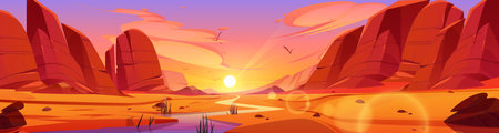 Grand canyon park desert at sunset cartoon vector illustration. Western mountain cliff and amazing sky background. Amazing utah or colorado ground terrain for unforgettable us wild travel adventureのイラスト素材