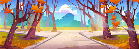 Autumn forest park road street cartoon landscape. Garden nature scenery walkway drawing environment illustration in fall season. Orange public alley with footpath and falling leaves in septemberのイラスト素材