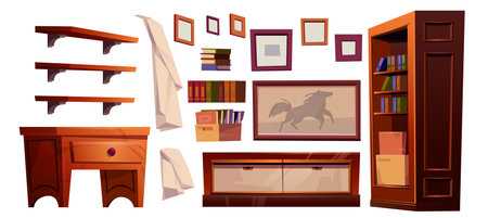 Art studio room with easel interior paint set. Artist workshop class isolated furniture clipart vector illustration. Drawing school classroom cartoon design with sculpture, frame and books iconのイラスト素材