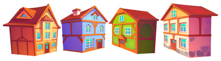 Old medieval germany town building vector set. European german city street house cartoon clipart collection. Bavaria landmark isometric exterior cityscape. Isolated timber victorian mansion pngのイラスト素材